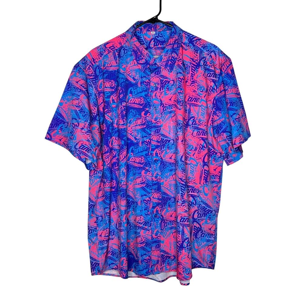 Raising Cane's (XL) Neon Logo Hawaiian Casual Short Sleeve Button Up Shirt